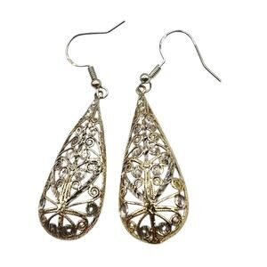 Sterling Silver 925 Filigree Teardrop Dangle Earrings Gold Tone Boho Openwork